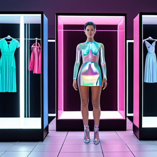 **

A modern, stylish woman stands in a virtual dressing room, surrounded by holographic clothing options. The scene blends digital interfaces with real-world fashion elements, highlighting AI-powered styling suggestions. Focus on clean lines, bright colors, and the seamless integration of technology and fashion.

**