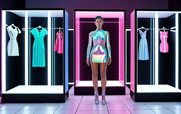 **
A modern, stylish woman stands in a virtual dressing room, surrounded by holographic clothing options. The scene blends digital interfaces with real-world fashion elements, highlighting AI-powered styling suggestions. Focus on clean lines, bright colors, and the seamless integration of technology and fashion.
**