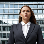 A confident woman in a power suit, ready for a business meeting in Stockholm. The outfit is sharp, professional, and perfectly tailored, reflecting a strong and successful businesswoman. Focus on conveying confidence and competence. Background could be a modern office building.