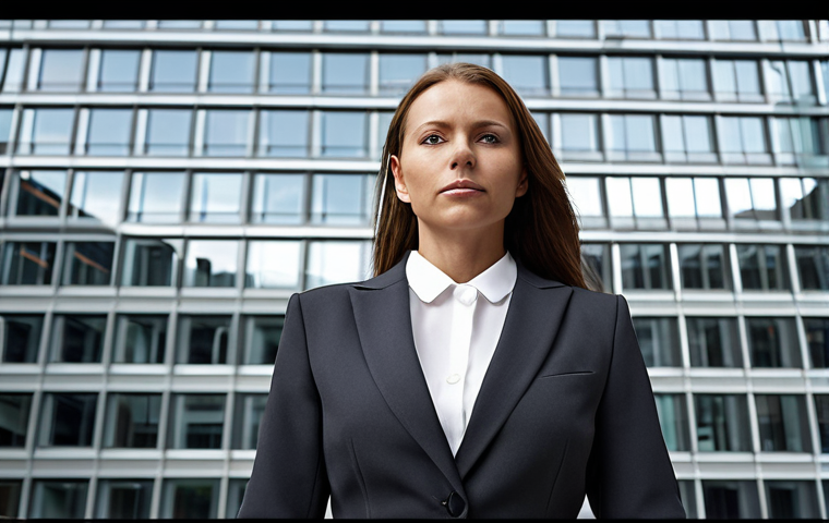 A confident woman in a power suit, ready for a business meeting in Stockholm. The outfit is sharp, professional, and perfectly tailored, reflecting a strong and successful businesswoman. Focus on conveying confidence and competence. Background could be a modern office building.