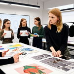 **Image Prompt:** A bright and modern fashion design classroom in Sweden. Students are attentively listening to a lecturer who's pointing at a digital display showcasing various clothing styles and color palettes. Include design sketches, fabric swatches, and mood boards scattered around the studio, creating a visually rich and inspiring learning environment. The scene should emphasize practical skills and creative exploration.