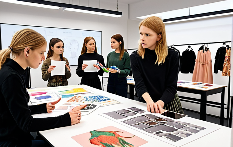 **Image Prompt:** A bright and modern fashion design classroom in Sweden. Students are attentively listening to a lecturer who's pointing at a digital display showcasing various clothing styles and color palettes. Include design sketches, fabric swatches, and mood boards scattered around the studio, creating a visually rich and inspiring learning environment. The scene should emphasize practical skills and creative exploration.